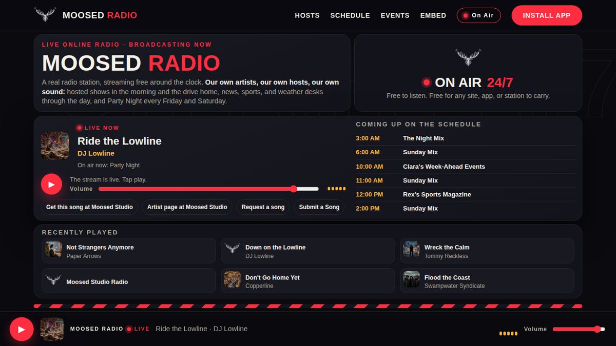 Screenshot of the Moosed Radio homepage