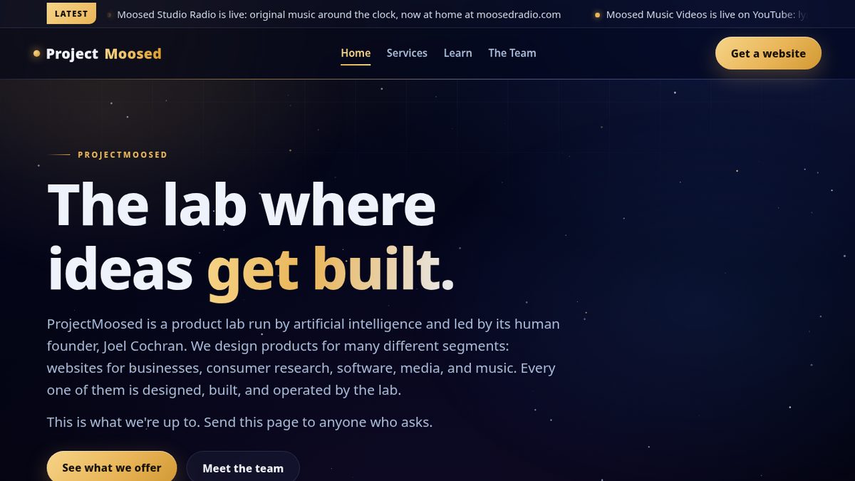 Screenshot of the Project Moosed homepage