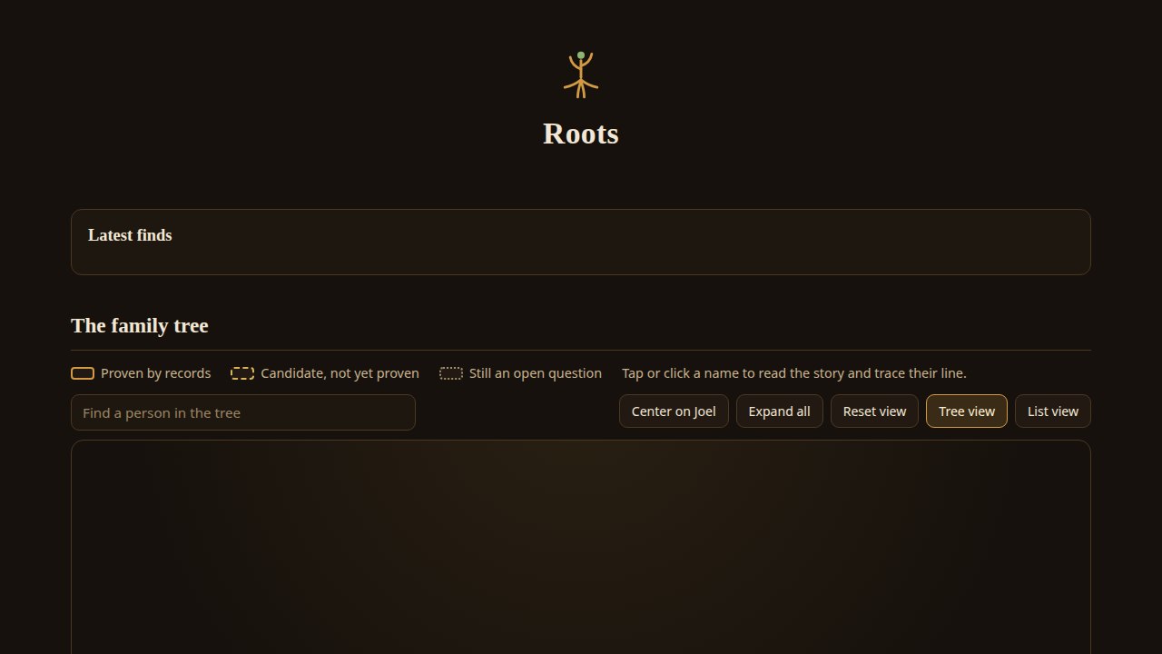 Screenshot of the Roots family history homepage